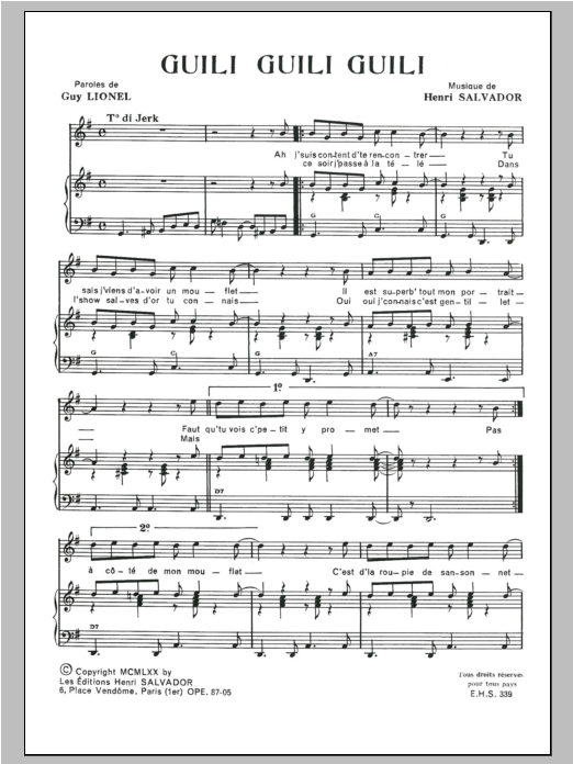 Learn to play Henri Salvador Guili Guili sheet music for Piano & Vocal in minutes. Price: 7.8900$ Henri Salvador Guili Guili sheet music notes and chords arranged for Piano & Vocal