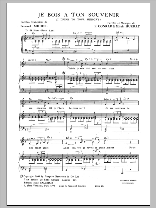 Learn to play Henri Salvador I Drink To Your Memory (Je Bois A Ton Souvenir) sheet music for Piano & Vocal in minutes. Price: 7.8900$ Henri Salvador I Drink To Your Memory (Je Bois A Ton Souvenir) sheet music notes and chords arranged for Piano & Vocal