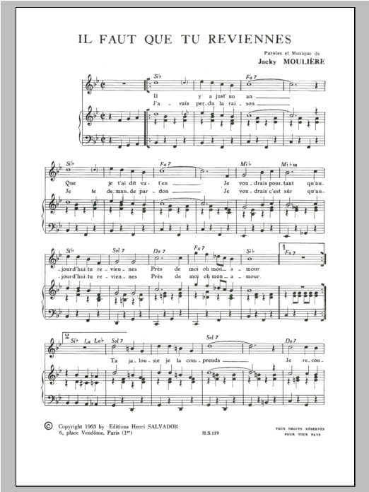 Learn to play Henri Salvador Il Faut Que Tu Reviennes sheet music for Piano & Vocal in minutes. Price: 7.8900$ Henri Salvador Il Faut Que Tu Reviennes sheet music notes and chords arranged for Piano & Vocal