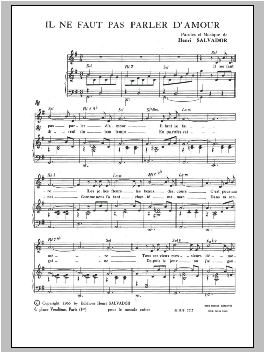 Learn to play Henri Salvador Il Ne Faut Pas Parler D'amour sheet music for Piano & Vocal in minutes. Price: 7.8900$ Henri Salvador Il Ne Faut Pas Parler D'amour sheet music notes and chords arranged for Piano & Vocal