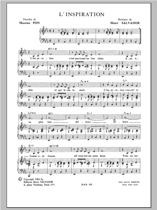 Learn to play Henri Salvador Inspiration sheet music for Piano & Vocal in minutes. Price: 7.8900$ Henri Salvador Inspiration sheet music notes and chords arranged for Piano & Vocal
