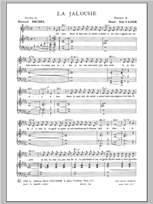 Learn to play Henri Salvador Jalousie sheet music for Piano & Vocal in minutes. Price: 7.8900$ Henri Salvador Jalousie sheet music notes and chords arranged for Piano & Vocal