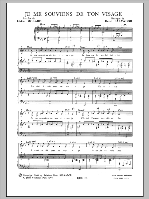 Learn to play Henri Salvador Je Me Souviens De Ton Visage sheet music for Piano & Vocal in minutes. Price: 7.8900$ Henri Salvador Je Me Souviens De Ton Visage sheet music notes and chords arranged for Piano & Vocal