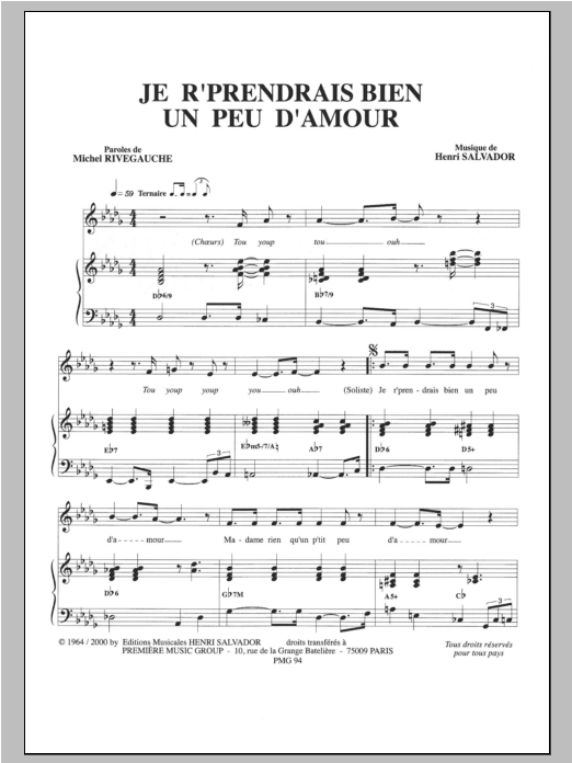 Learn to play Henri Salvador Je R'prendrais Bien Un Peu D'amour sheet music for Piano & Vocal in minutes. Price: 7.8900$ Henri Salvador Je R'prendrais Bien Un Peu D'amour sheet music notes and chords arranged for Piano & Vocal