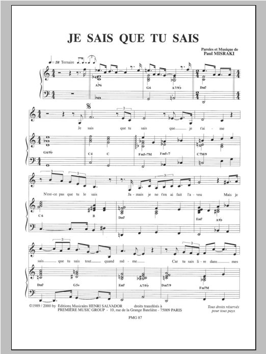 Learn to play Henri Salvador Je Sais Que Tu Sais sheet music for Piano & Vocal in minutes. Price: 7.8900$ Henri Salvador Je Sais Que Tu Sais sheet music notes and chords arranged for Piano & Vocal