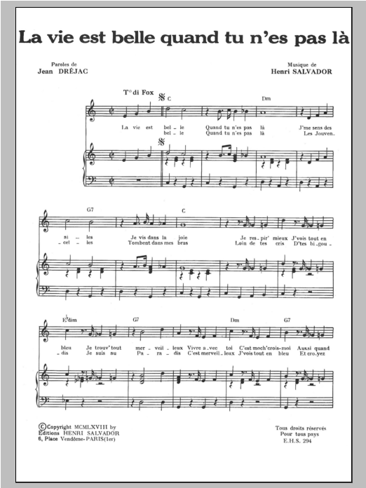 Henri Salvador La Vie Est Belle Quand Tu N'es Pas sheet music notes and chords arranged for Piano & Vocal