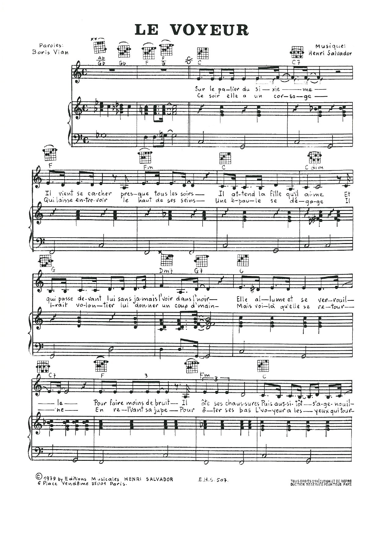 Learn to play Henri Salvador Le Voyeur sheet music for Piano, Vocal & Guitar Chords in minutes. Price: 7.8900$ Henri Salvador Le Voyeur sheet music notes and chords arranged for Piano, Vocal & Guitar Chords