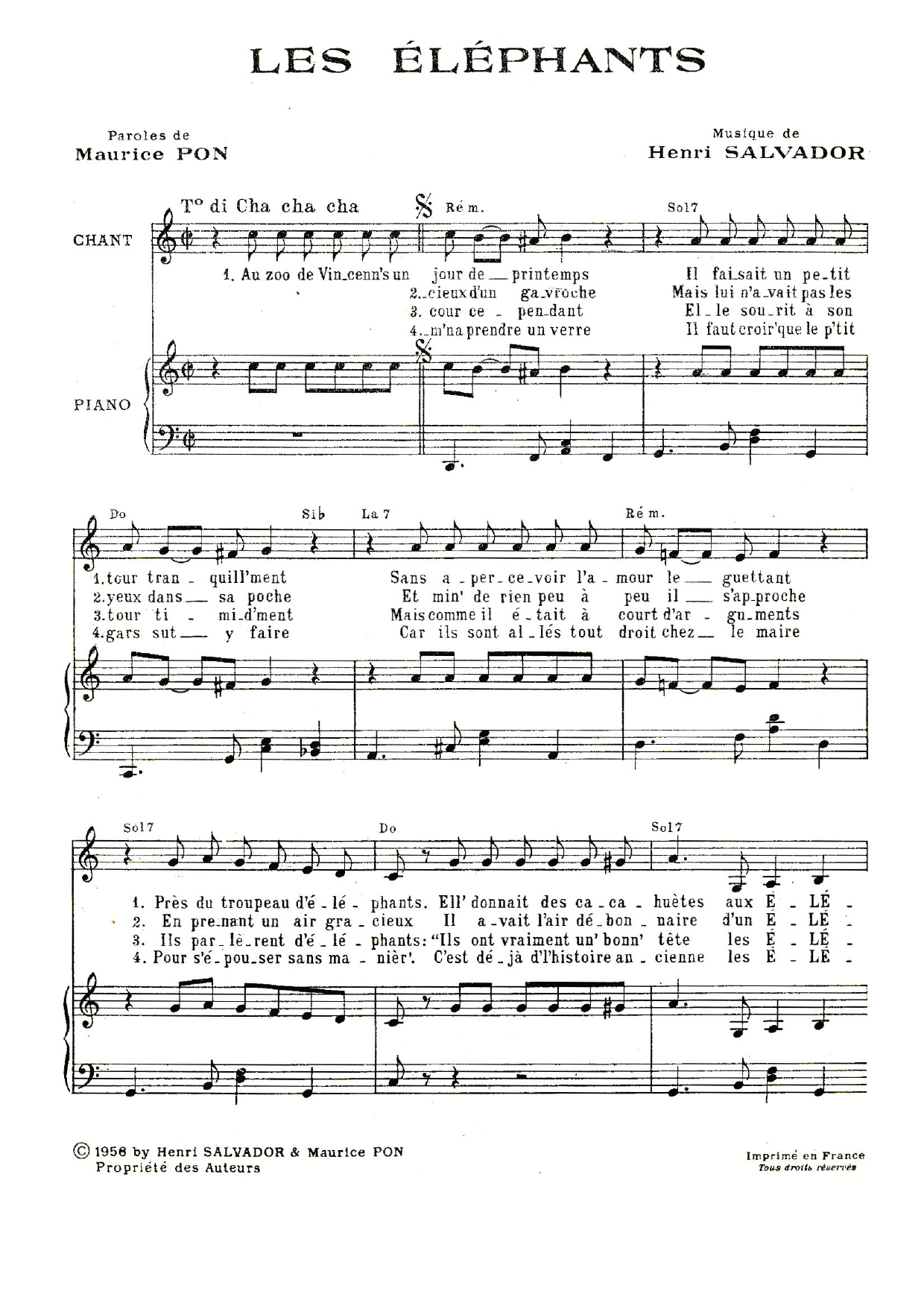 Learn to play Henri Salvador Les Elephants sheet music for Piano & Vocal in minutes. Price: 7.8900$ Henri Salvador Les Elephants sheet music notes and chords arranged for Piano & Vocal
