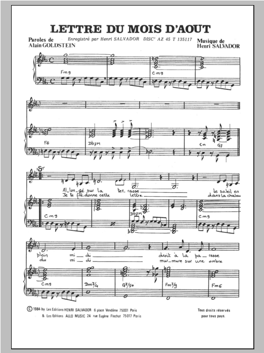 Learn to play Henri Salvador Lettre Du Mois D'aout sheet music for Piano & Vocal in minutes. Price: 7.8900$ Henri Salvador Lettre Du Mois D'aout sheet music notes and chords arranged for Piano & Vocal