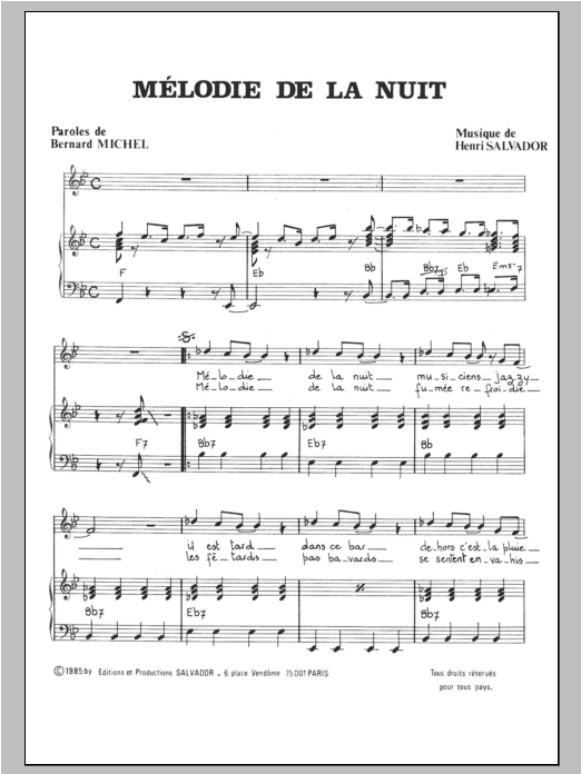 Learn to play Henri Salvador Melodie De La Nuit sheet music for Piano & Vocal in minutes. Price: 7.8900$ Henri Salvador Melodie De La Nuit sheet music notes and chords arranged for Piano & Vocal