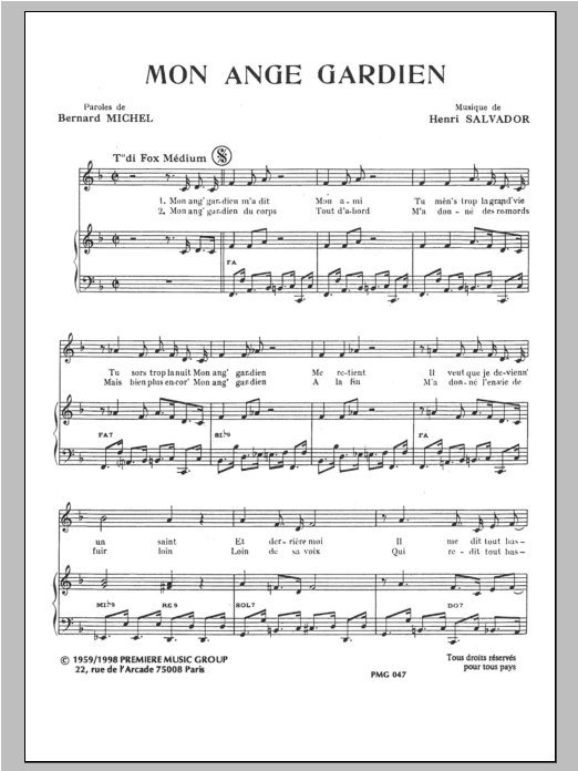 Learn to play Henri Salvador Mon Ange Gardien sheet music for Piano & Vocal in minutes. Price: 7.8900$ Henri Salvador Mon Ange Gardien sheet music notes and chords arranged for Piano & Vocal