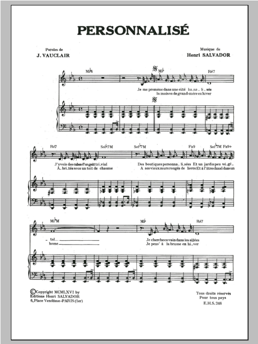 Learn to play Henri Salvador Personnalise sheet music for Piano & Vocal in minutes. Price: 7.8900$ Henri Salvador Personnalise sheet music notes and chords arranged for Piano & Vocal