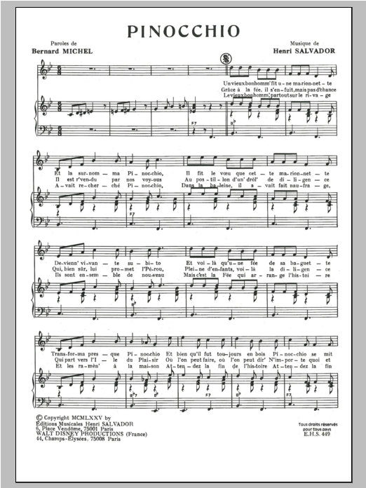 Learn to play Henri Salvador Pinocchio sheet music for Piano & Vocal in minutes. Price: 7.8900$ Henri Salvador Pinocchio sheet music notes and chords arranged for Piano & Vocal