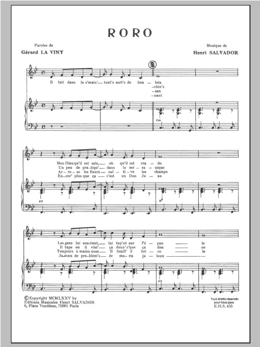 Learn to play Henri Salvador Roro sheet music for Piano & Vocal in minutes. Price: 7.8900$ Henri Salvador Roro sheet music notes and chords arranged for Piano & Vocal