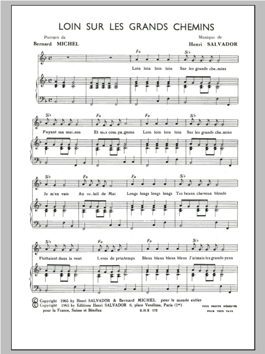 Learn to play Henri Salvador Sur Les Grands Chemins sheet music for Piano & Vocal in minutes. Price: 7.8900$ Henri Salvador Sur Les Grands Chemins sheet music notes and chords arranged for Piano & Vocal