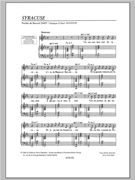 Henri Salvador Syracuse sheet music notes and chords. Download Printable PDF.