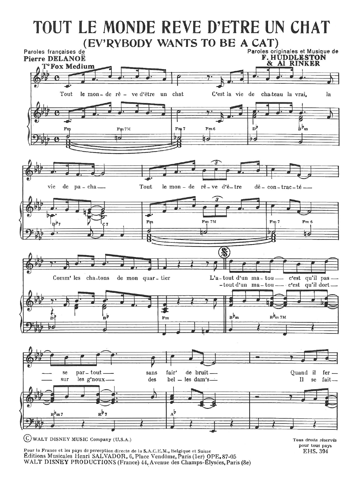 Henri Salvador Tout Le Monde Reve D'etre Un Chat (Ev'rybody Wants To Be A Cat) sheet music notes and chords. Download Printable PDF.