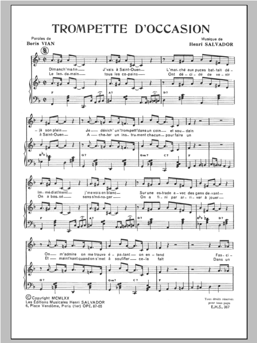 Learn to play Henri Salvador Trompette D'occasion sheet music for Piano & Vocal in minutes. Price: 7.8900$ Henri Salvador Trompette D'occasion sheet music notes and chords arranged for Piano & Vocal