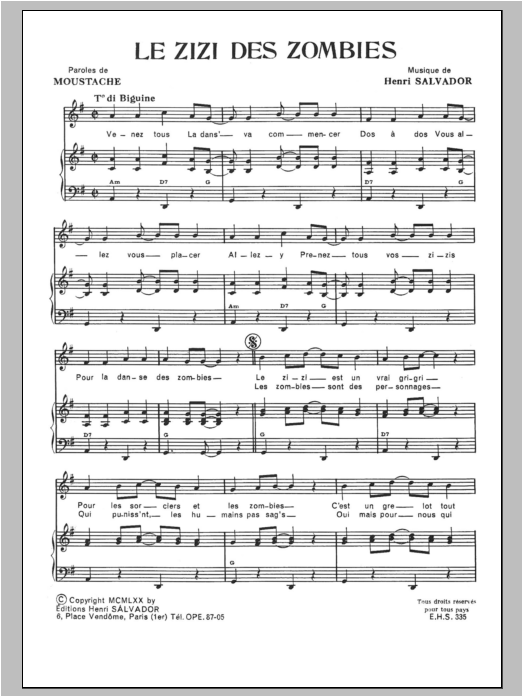 Learn to play Henri Salvador Zizi Des Zombies sheet music for Piano & Vocal in minutes. Price: 7.8900$ Henri Salvador Zizi Des Zombies sheet music notes and chords arranged for Piano & Vocal