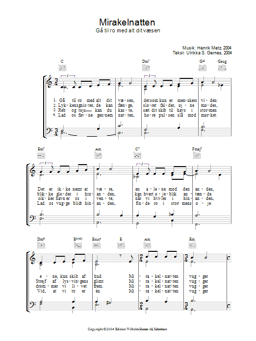 Henrik Metz Mirakelnatten sheet music notes and chords arranged for Piano, Vocal & Guitar Chords