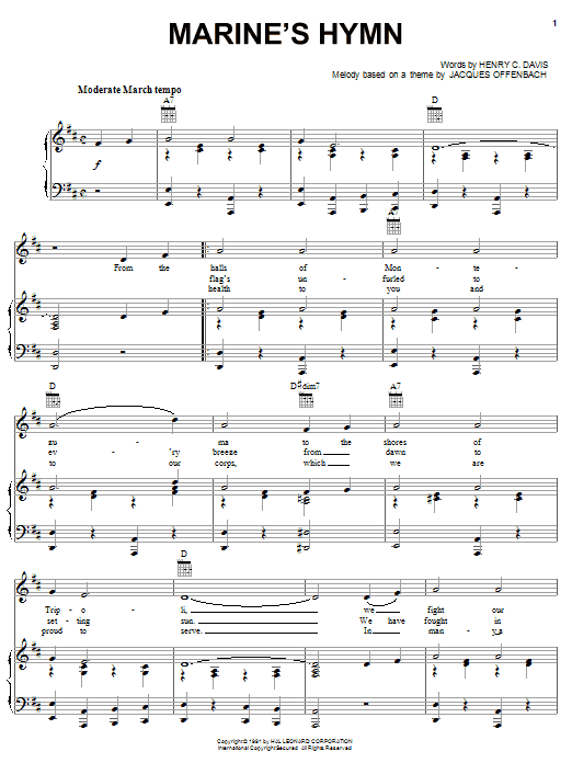 Henry C. Davis Marine's Hymn sheet music notes and chords. Download Printable PDF.