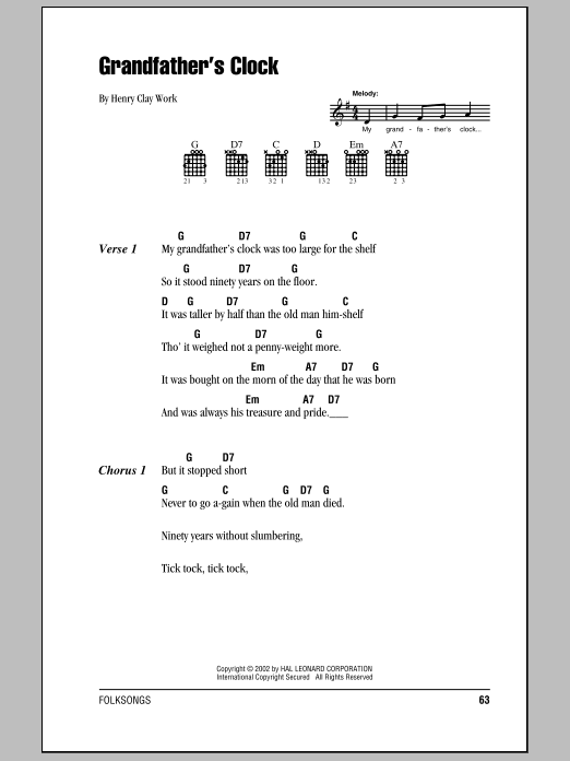 Henry Clay Work Grandfather's Clock sheet music notes and chords. Download Printable PDF.