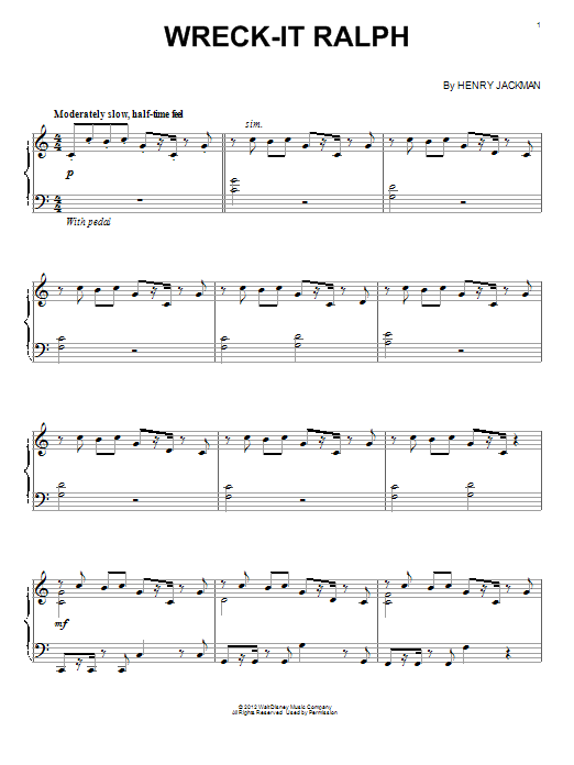Learn to play Henry Jackman Wreck-It Ralph sheet music for Piano Solo in minutes. Price: 7.8900$ Henry Jackman Wreck-It Ralph sheet music notes and chords arranged for Piano Solo