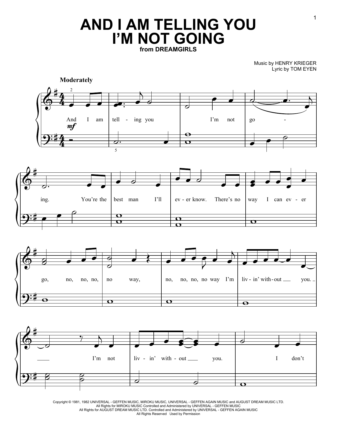 Henry Krieger and Tom Eyen And I Am Telling You I'm Not Going (from the musical Dreamgirls) sheet music notes and chords. Download Printable PDF.