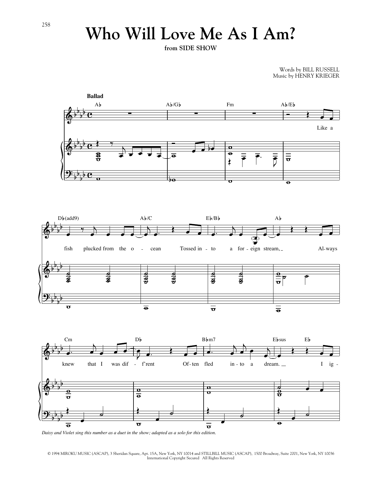 Henry Krieger Who Will Love Me As I Am? (from Side Show) sheet music notes and chords. Download Printable PDF.