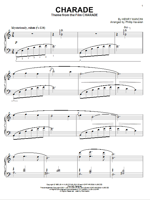 Learn to play Henry Mancini Charade sheet music for Piano Solo in minutes. Price: 7.8900$ Henry Mancini Charade sheet music notes and chords arranged for Piano Solo