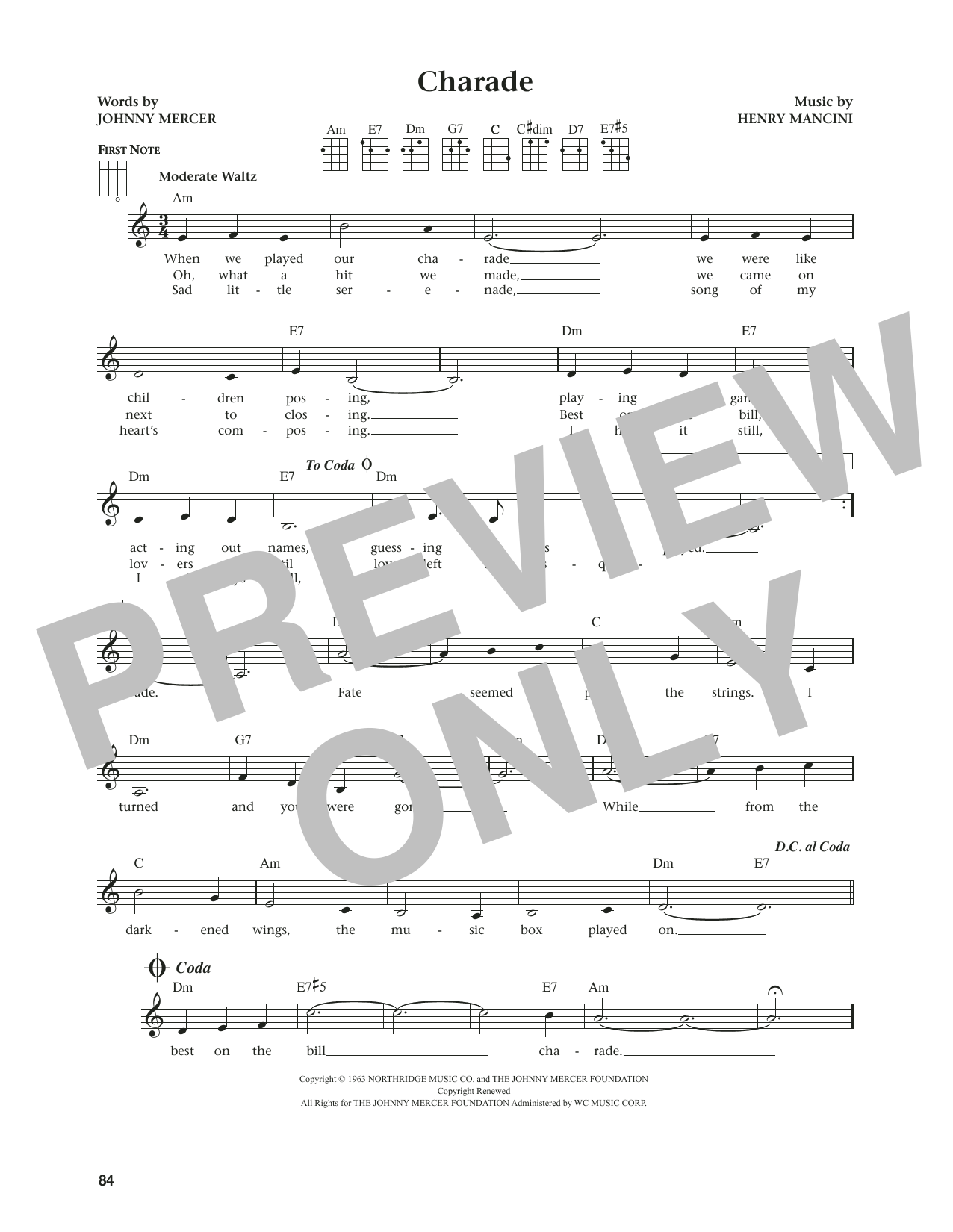 Henry Mancini Charade (from The Daily Ukulele) (arr. Jim Beloff) sheet music notes and chords. Download Printable PDF.