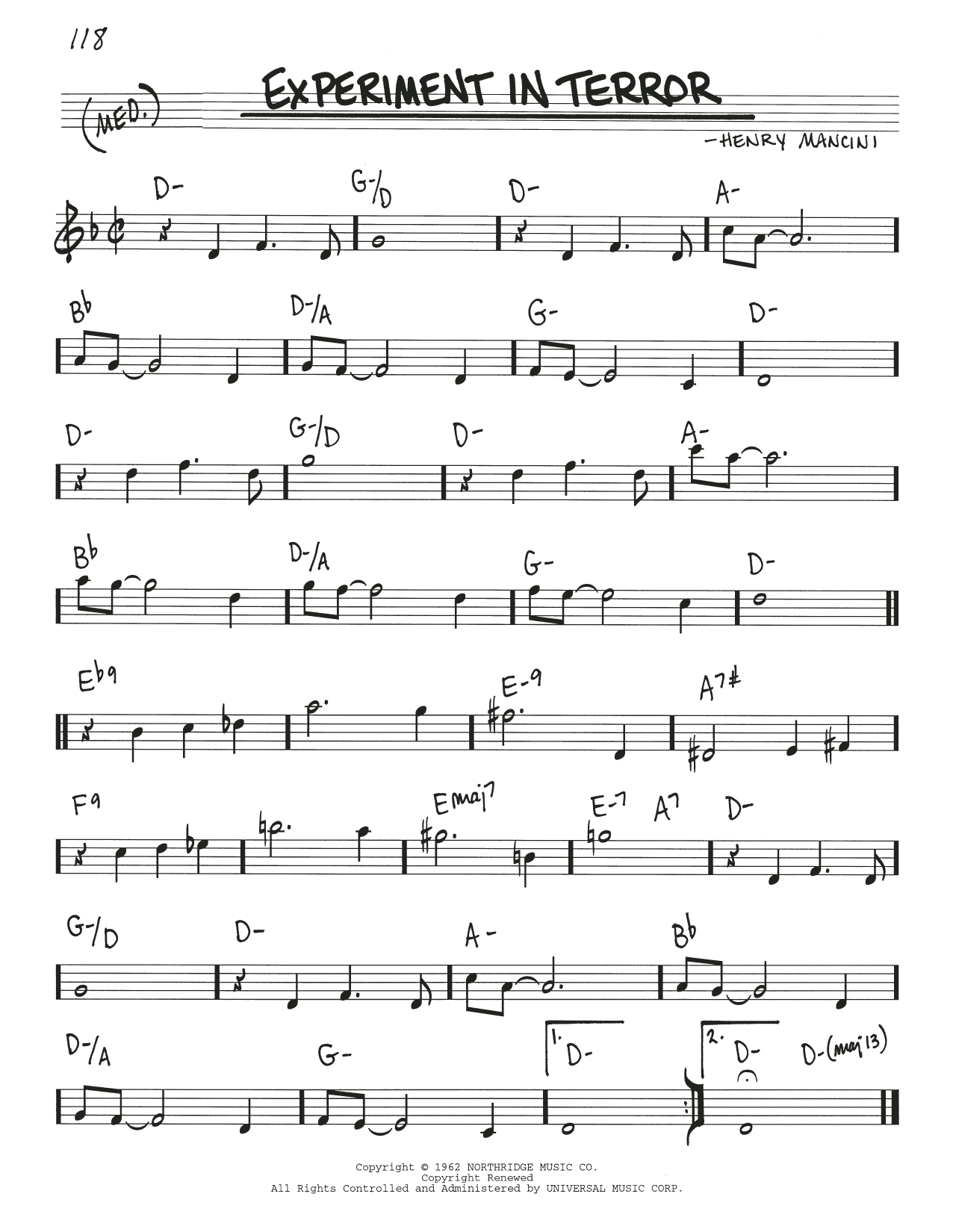 Henry Mancini Experiment In Terror sheet music notes and chords. Download Printable PDF.