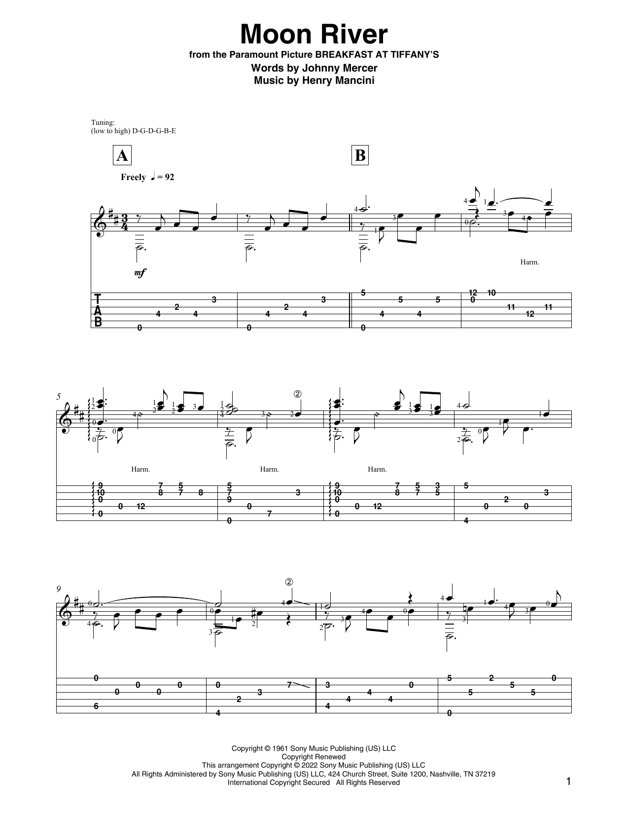 Henry Mancini Moon River (arr. David Jaggs) sheet music notes and chords. Download Printable PDF.