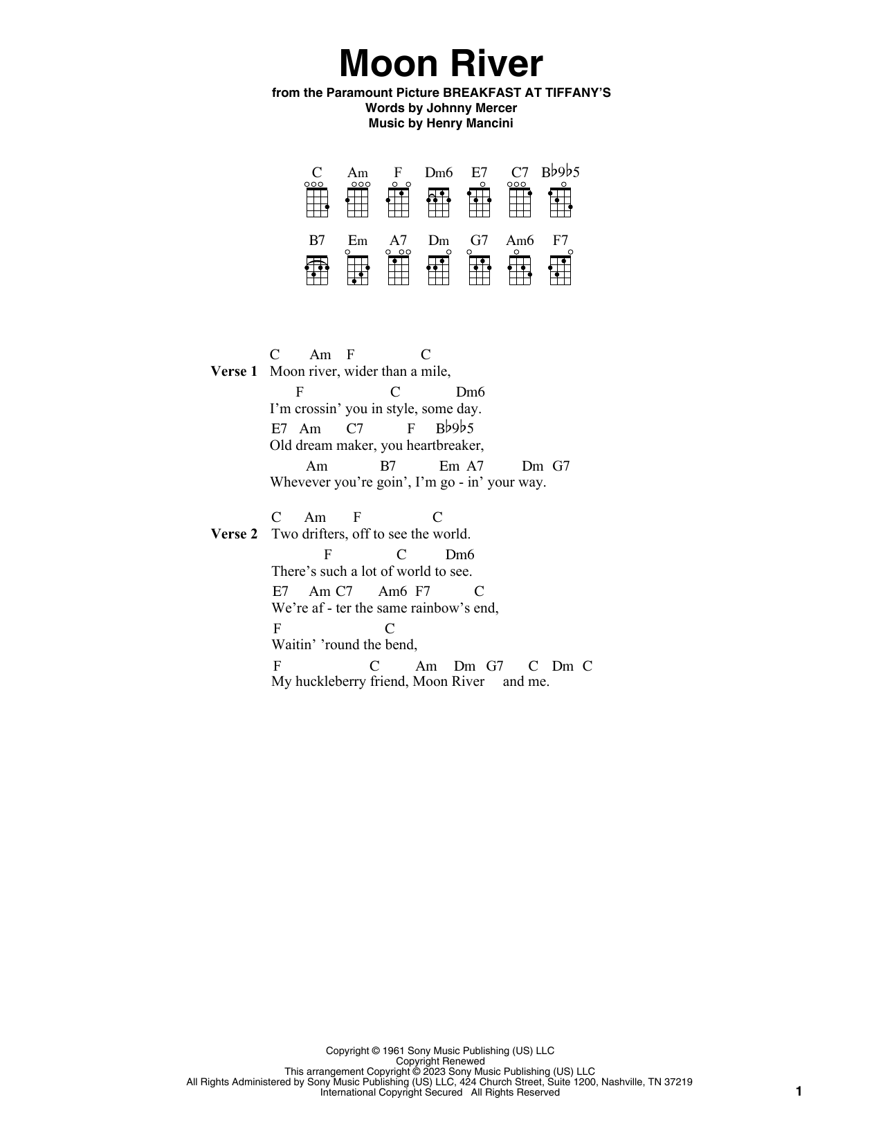 Henry Mancini Moon River (from Breakfast At Tiffany's) sheet music notes and chords. Download Printable PDF.