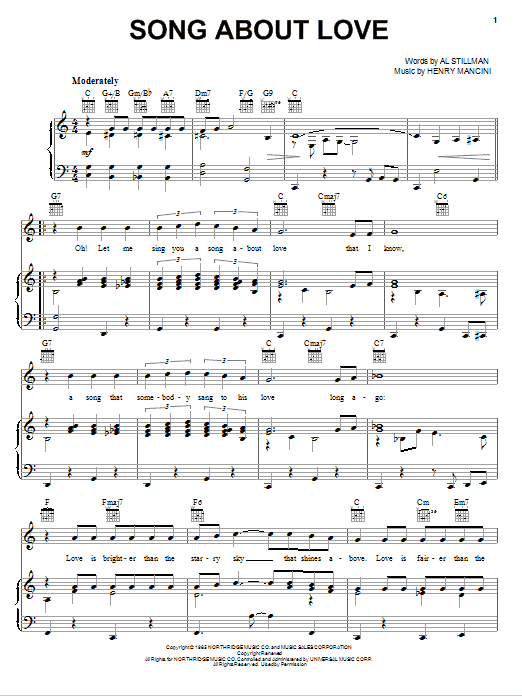 Henry Mancini Song About Love sheet music notes and chords arranged for Piano, Vocal & Guitar Chords (Right-Hand Melody)