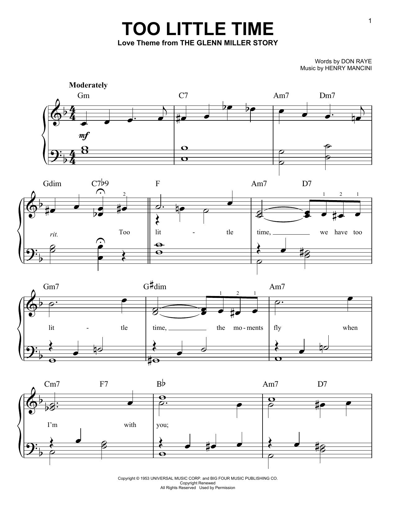 Henry Mancini Too Little Time sheet music notes and chords. Download Printable PDF.