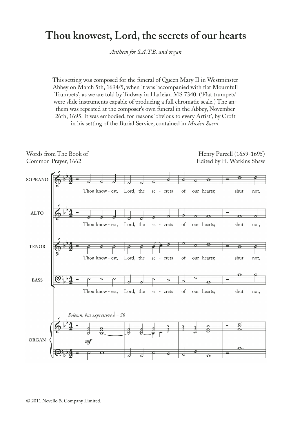 Henry Purcell Thou Knowest, Lord, The Secrets Of Our Hearts sheet music notes and chords. Download Printable PDF.