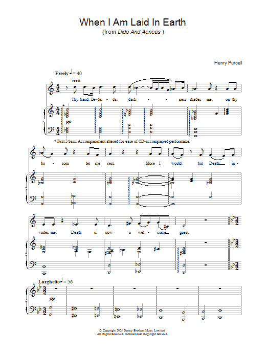 Henry Purcell When I Am Laid In Earth (from Dido And Aeneas) sheet music notes and chords. Download Printable PDF.