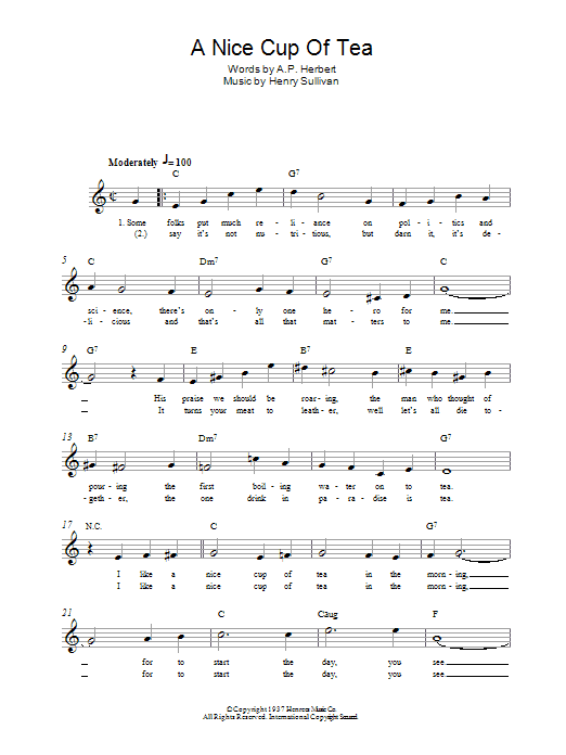 Learn to play Henry Sullivan A Nice Cup Of Tea sheet music for Lead Sheet / Fake Book in minutes. Price: 5.9900$ Henry Sullivan A Nice Cup Of Tea sheet music notes and chords arranged for Lead Sheet / Fake Book