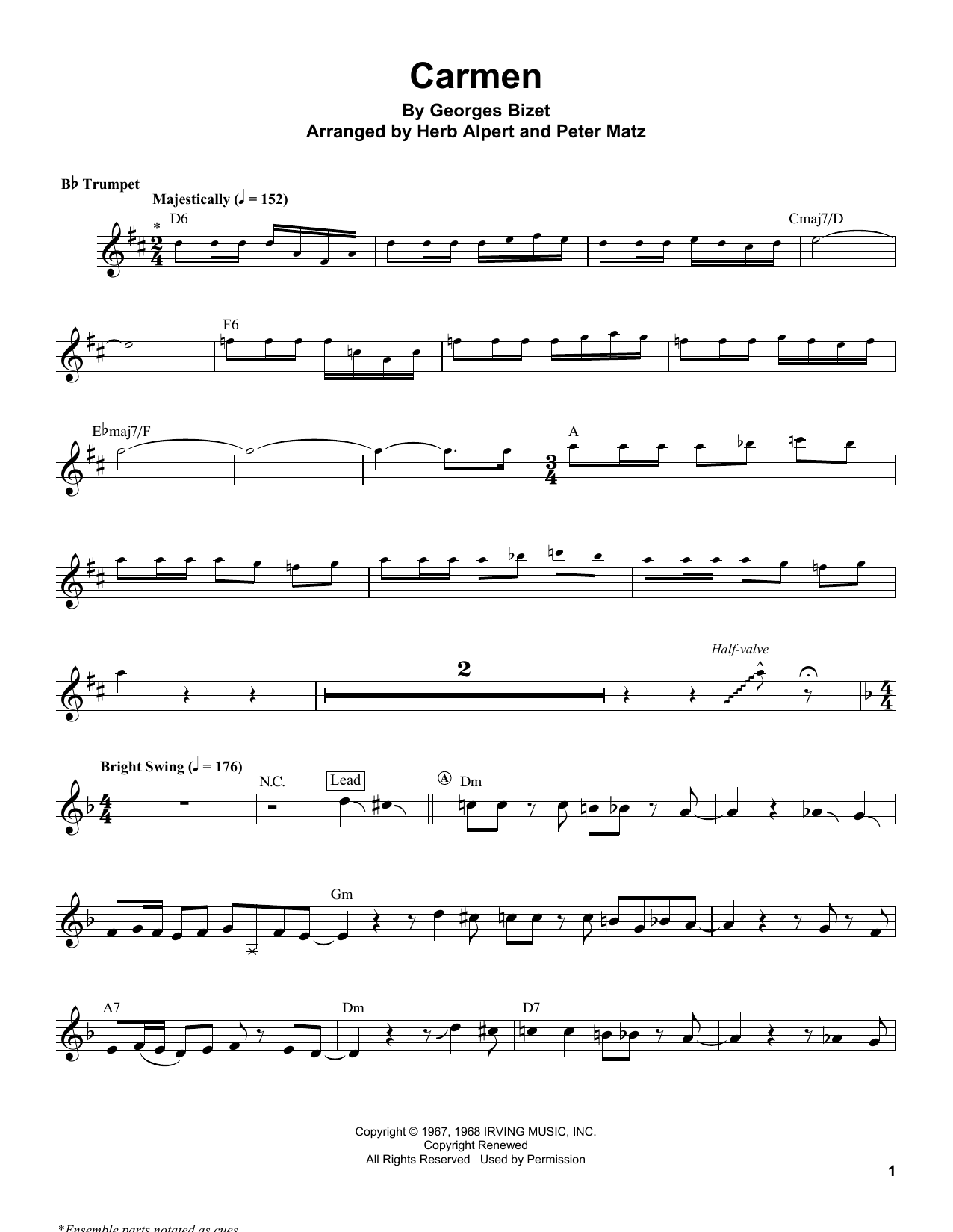 Herb Alpert Carmen sheet music notes and chords arranged for Trumpet Transcription