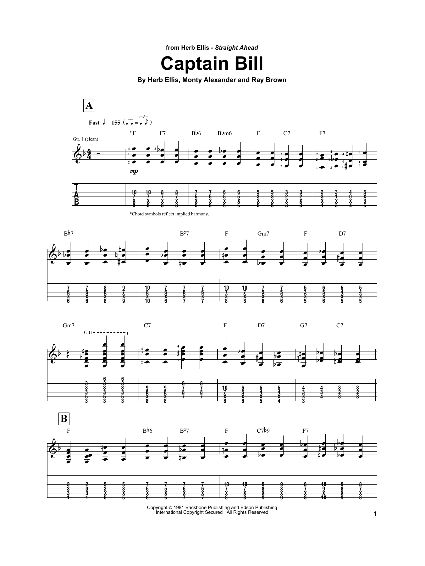 Learn to play Herb Ellis Captain Bill sheet music for Electric Guitar Transcription in minutes. Price: 6.9900$ Herb Ellis Captain Bill sheet music notes and chords arranged for Electric Guitar Transcription