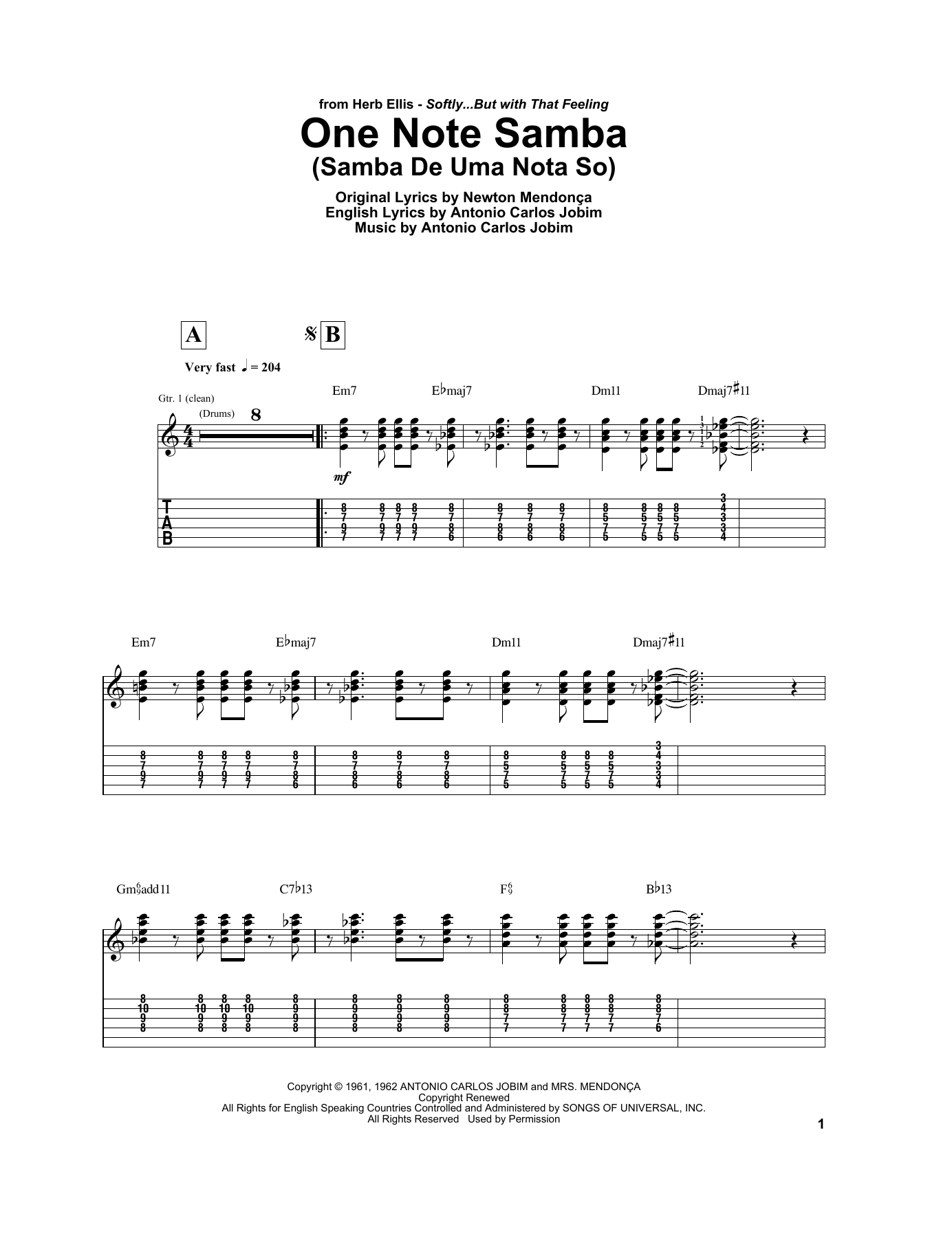 Herb Ellis One Note Samba (Samba De Uma Nota So) sheet music notes and chords. Download Printable PDF.