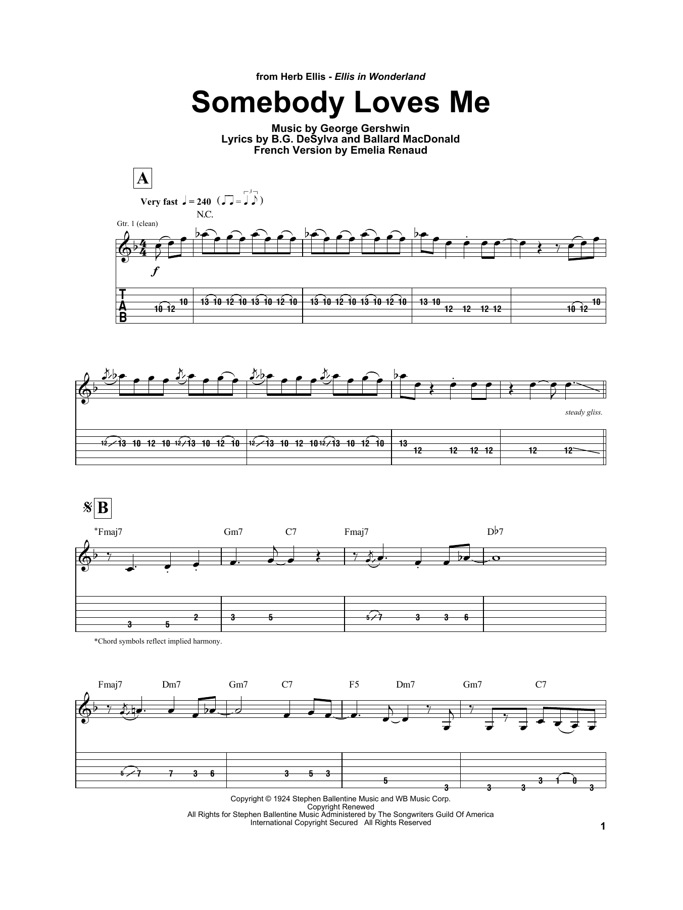 Herb Ellis Somebody Loves Me sheet music notes and chords. Download Printable PDF.