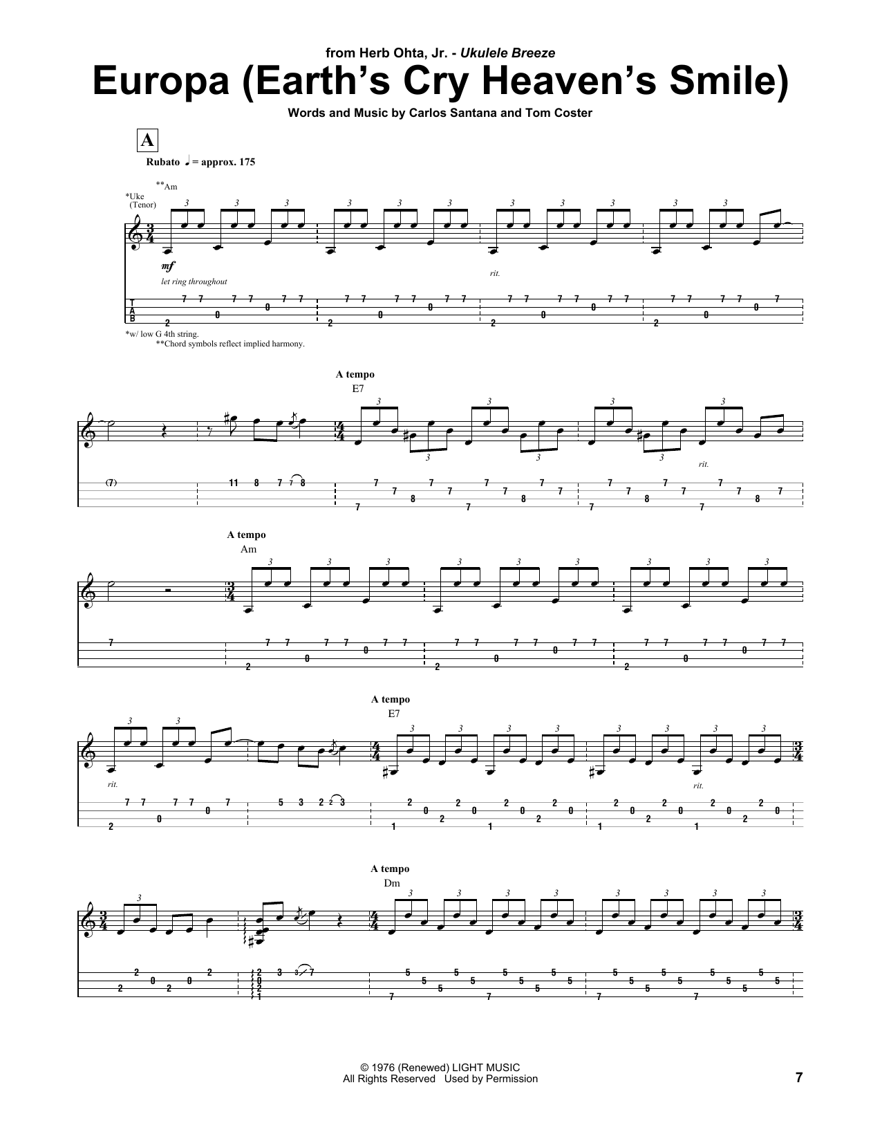 Herb Ohta, Jr. Europa sheet music notes and chords arranged for Ukulele Tab