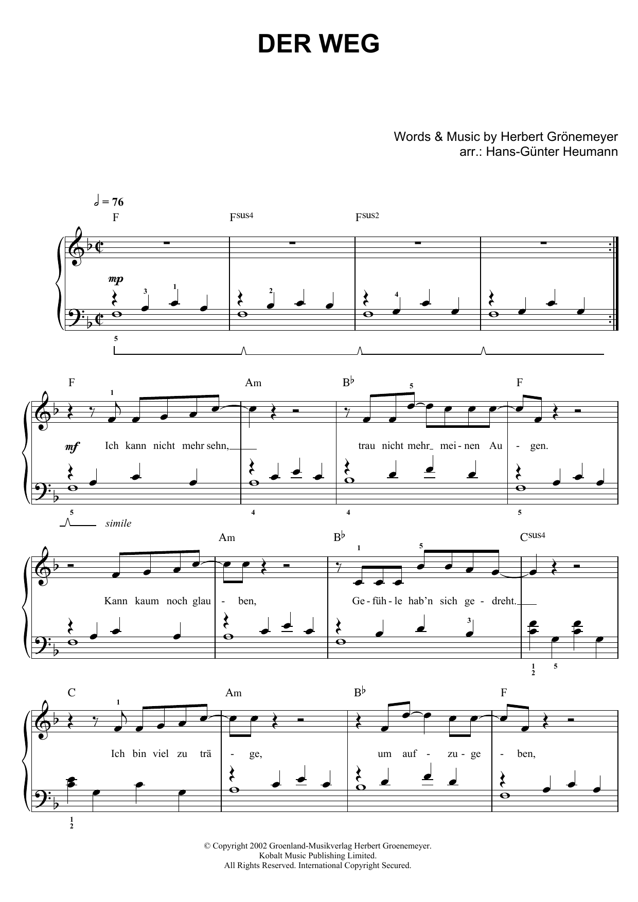 Learn to play Herbert Groenemeyer Der Weg sheet music for Easy Piano in minutes. Price: 6.9900$ Herbert Groenemeyer Der Weg sheet music notes and chords arranged for Easy Piano