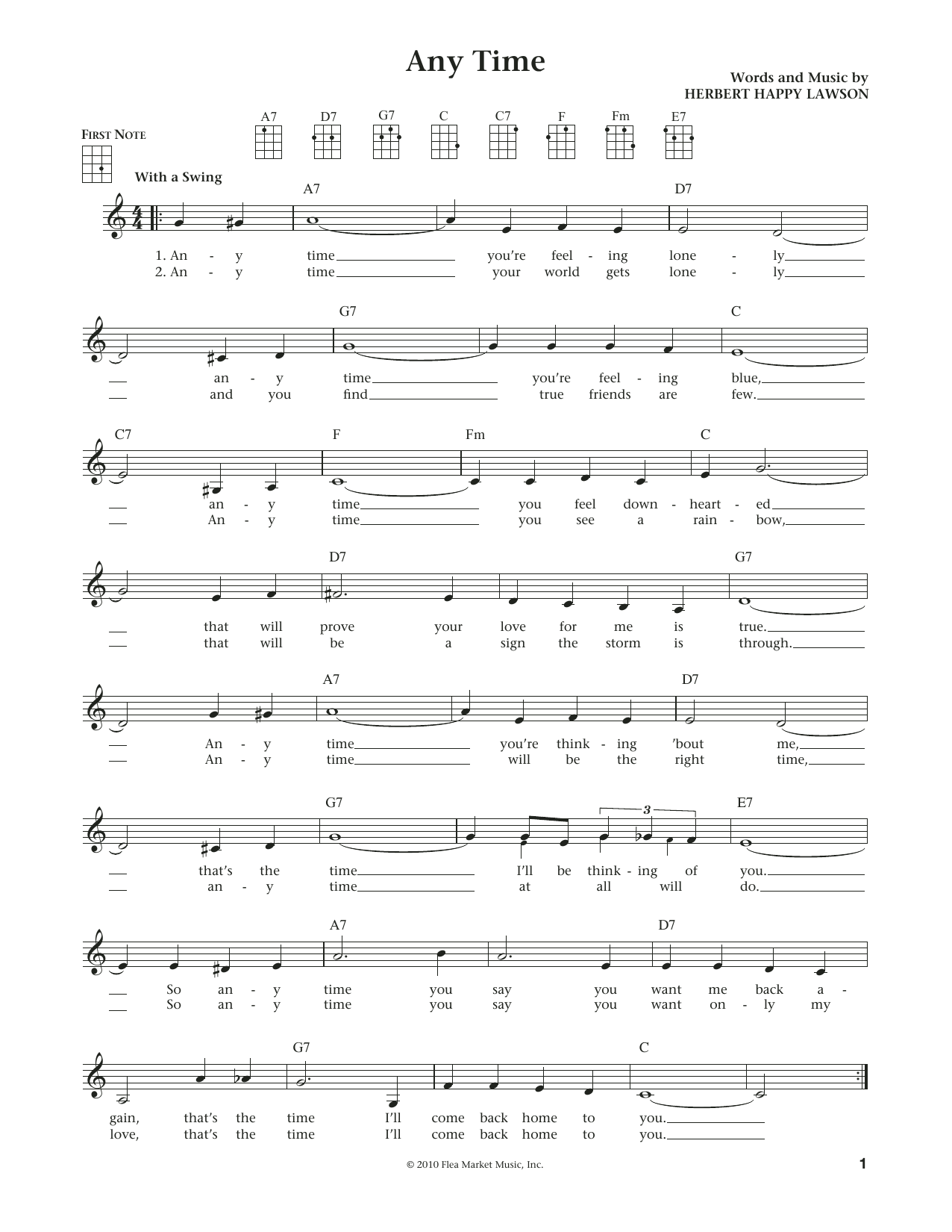 Learn to play Eddy Arnold Any Time (from The Daily Ukulele) (arr. Liz and Jim Beloff) sheet music for Ukulele in minutes. Price: 5.9900$ Eddy Arnold Any Time (from The Daily Ukulele) (arr. Liz and Jim Beloff) sheet music notes and chords arranged for Ukulele