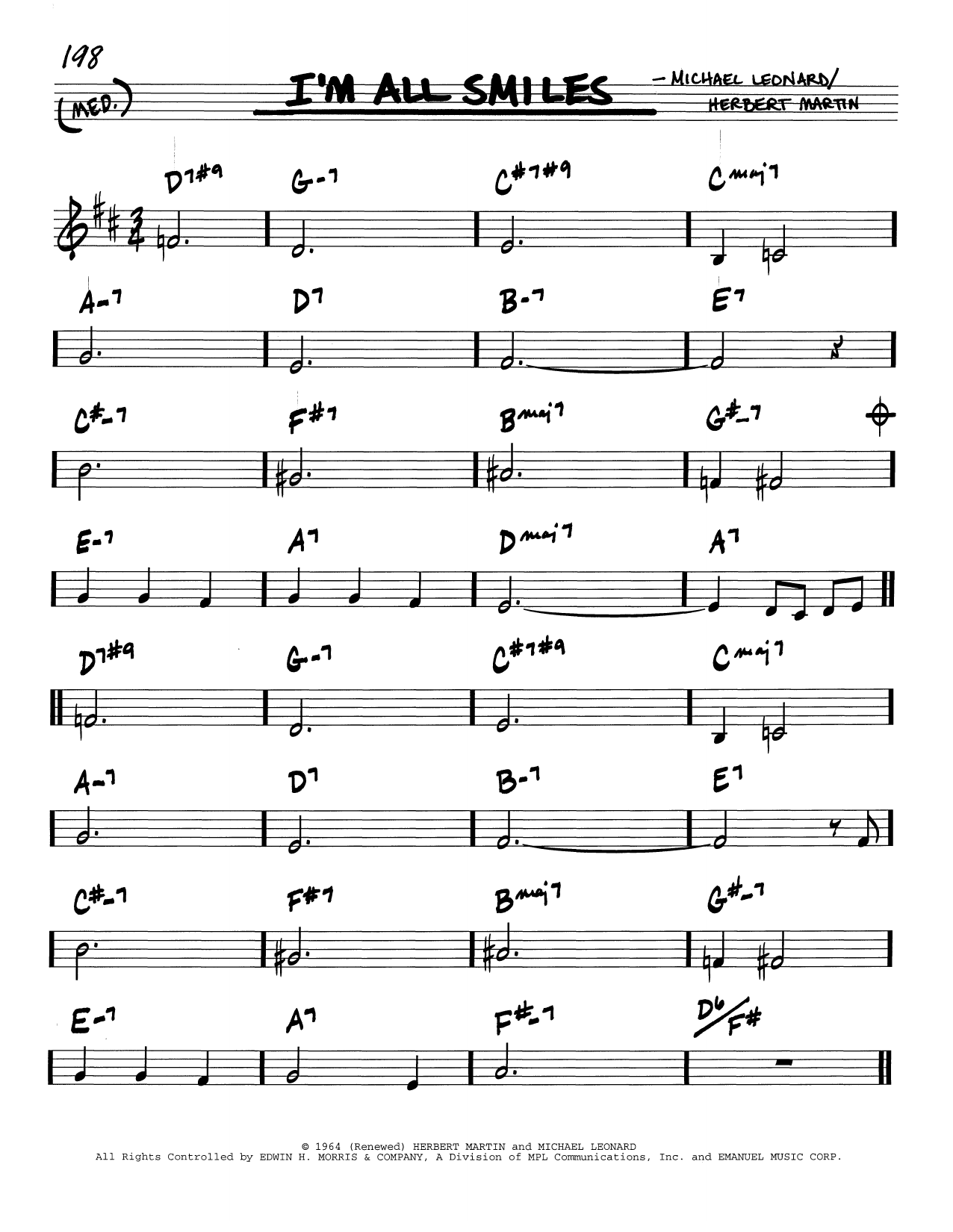 Learn to play Herbert Martin I'm All Smiles sheet music for Real Book – Melody & Chords – Eb Instruments in minutes. Price: 5.9900$ Herbert Martin I'm All Smiles sheet music notes and chords arranged for Real Book – Melody & Chords – Eb Instruments