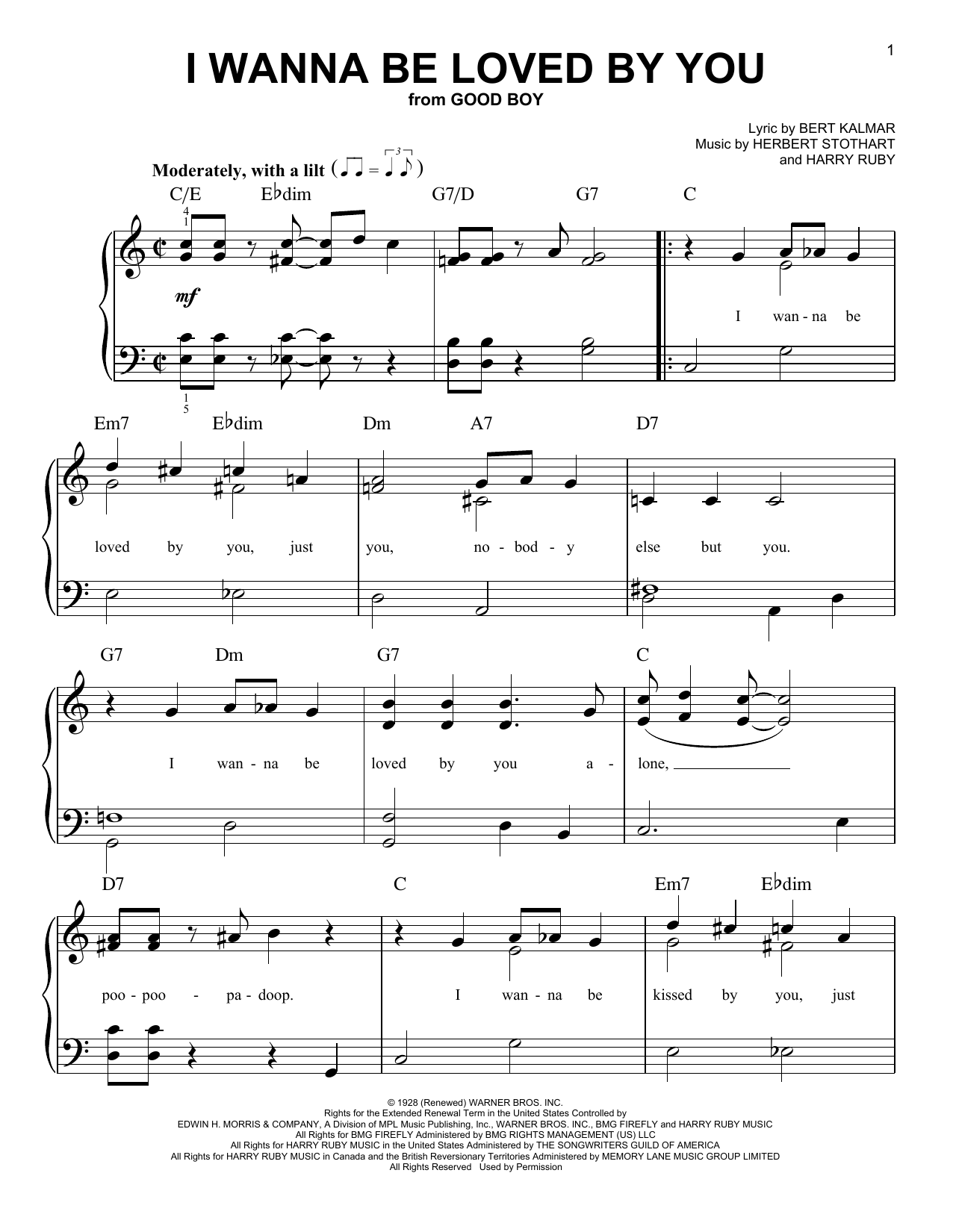 Herbert Stothart I Wanna Be Loved By You sheet music notes and chords arranged for Easy Piano