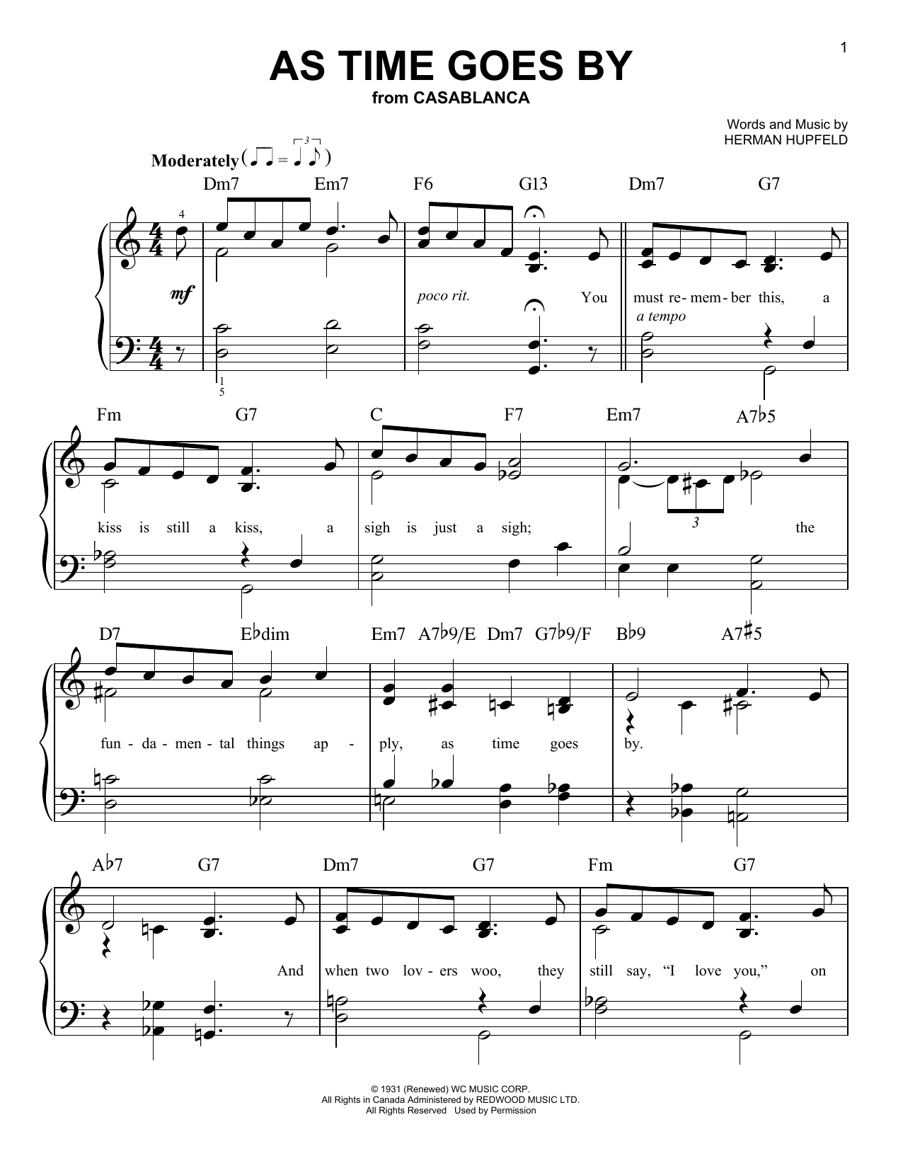 Herman Hupfeld As Time Goes By sheet music notes and chords. Download Printable PDF.