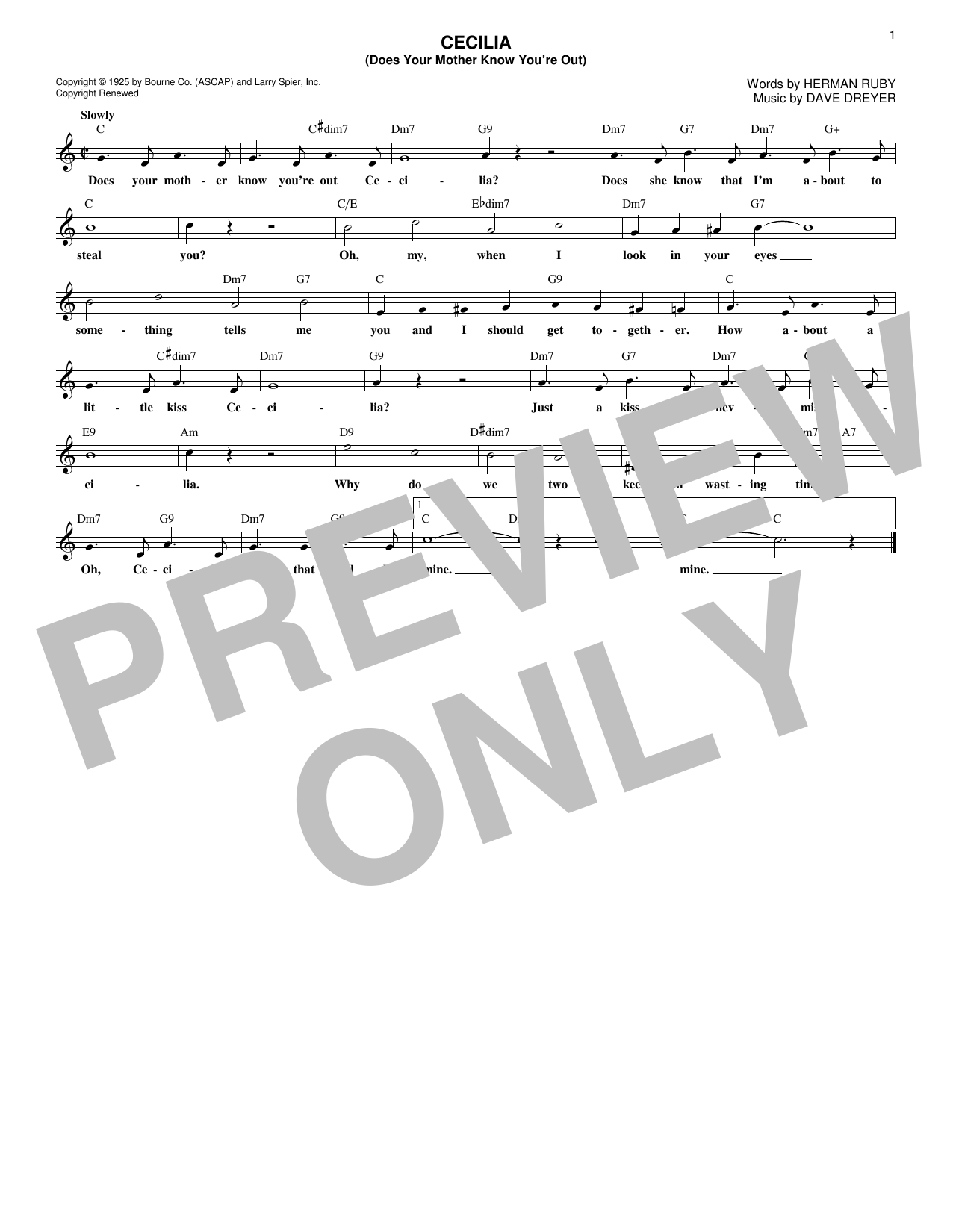 Learn to play Herman Ruby Cecilia (Does Your Mother Know You're Out) sheet music for Lead Sheet / Fake Book in minutes. Price: 5.9900$ Herman Ruby Cecilia (Does Your Mother Know You're Out) sheet music notes and chords arranged for Lead Sheet / Fake Book